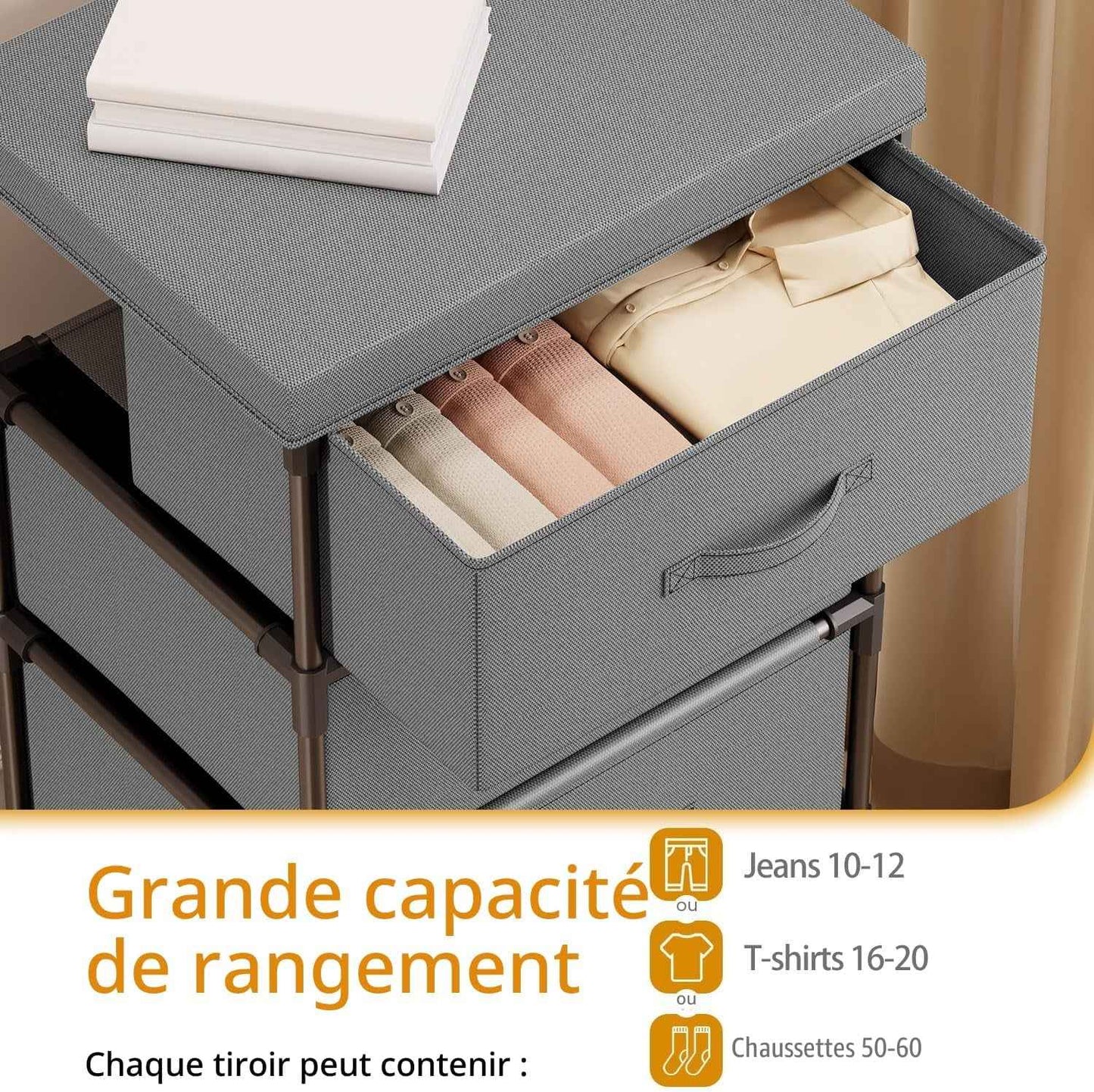 Commode Chambre En Tissu, Cadre En Métal, Meuble 4 Tiroirs Rangement Pour Chambre À Coucher, Salon, Couloir Et Entree - Gris