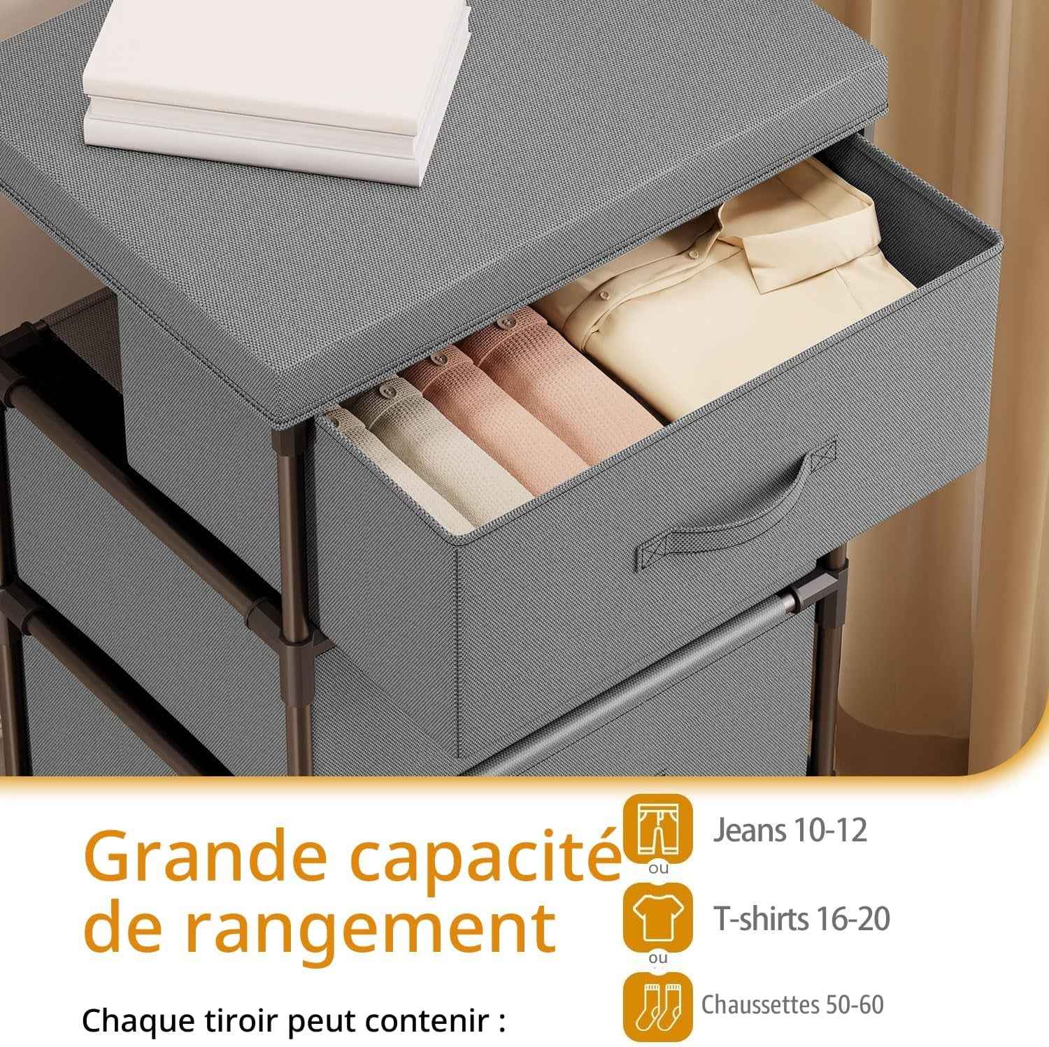 Commode Chambre En Tissu, Cadre En Métal, Meuble 4 Tiroirs Rangement Pour Chambre À Coucher, Salon, Couloir Et Entree - Gris