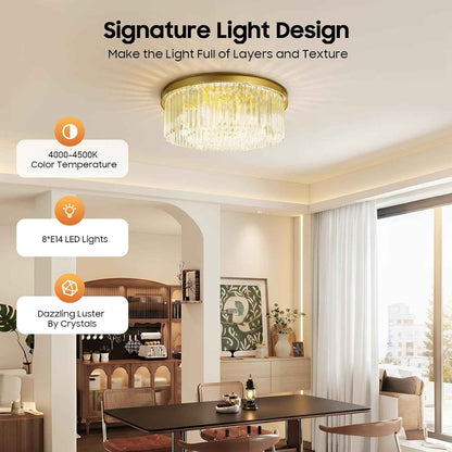 Plafonnier En Cristal De 60 Cm, Lustre Doré, Lustre Chambre, Lampe Ronde LED, Plafond Transparent, E14