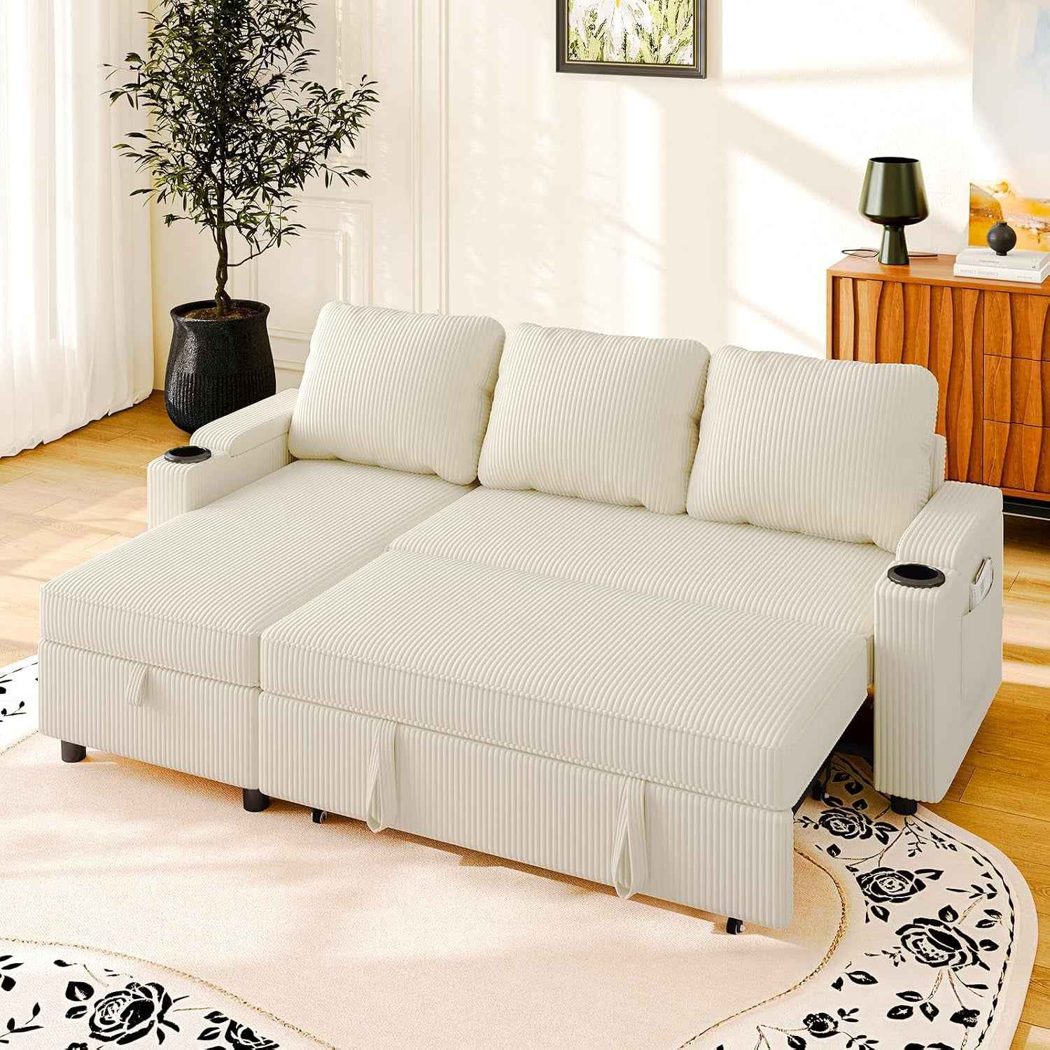 , Canapé Lit Avec Rangement Intégré Et Accoudoirs Multifonctionnels, Idéal Pour Salon, Design Moderne Et Pratique,Bureau Et Petit Appartement, Beige