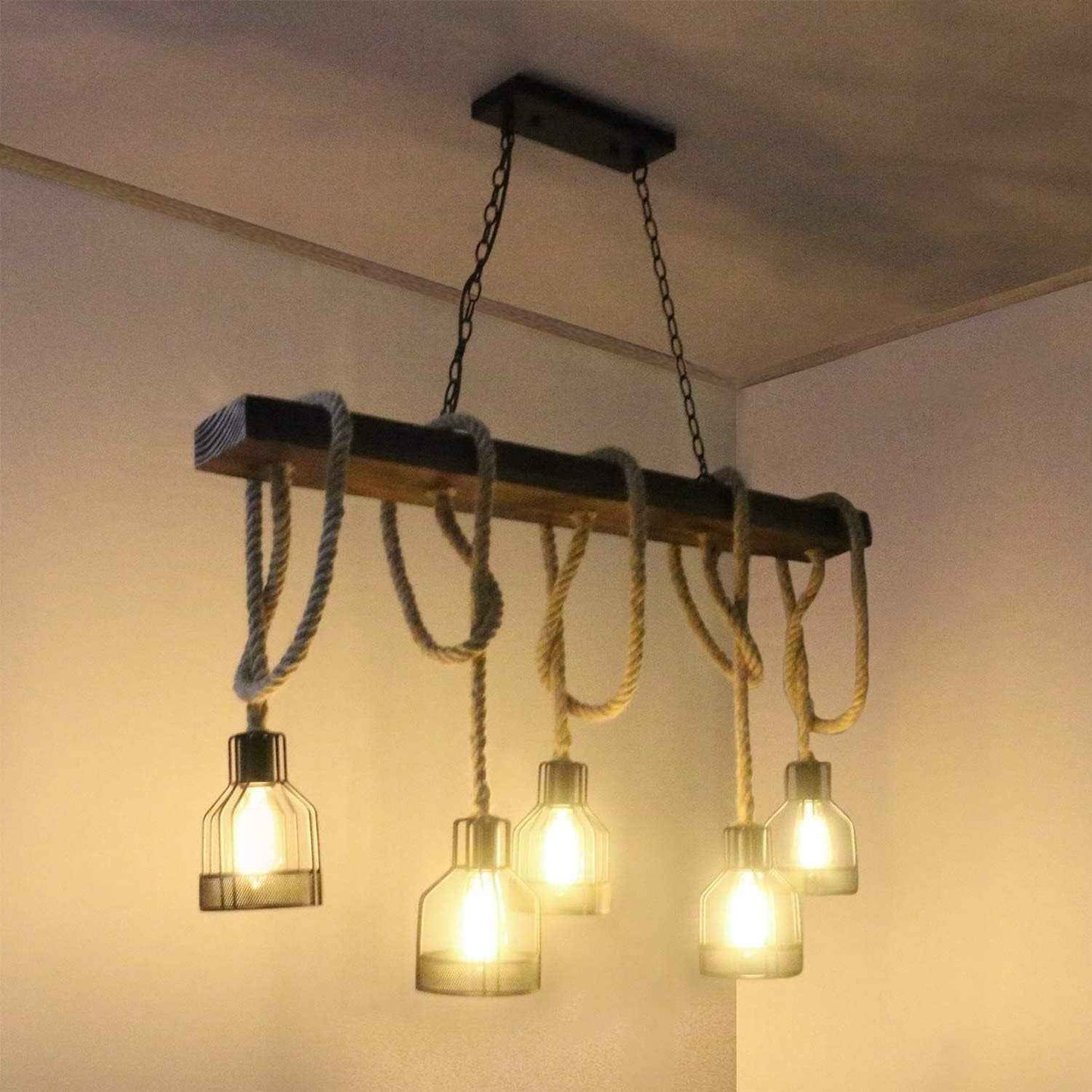 Lampe À Suspension Îlot De Cuisine, Luminaires De Cuisine, Lustre Rustique Salle À Manger Avec 5 Douilles E27, Lustre Poutre Métal Et Bois, Plafonnier Suspendus Au Plafond