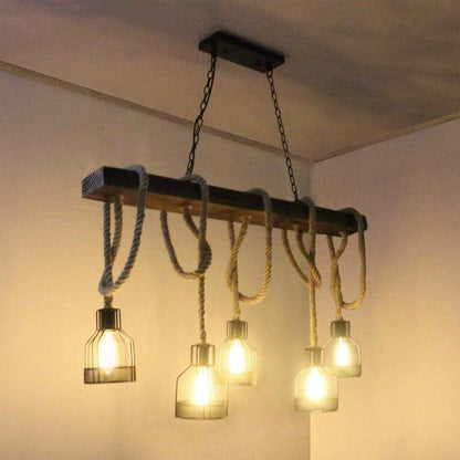 Lampe À Suspension Îlot De Cuisine, Luminaires De Cuisine, Lustre Rustique Salle À Manger Avec 5 Douilles E27, Lustre Poutre Métal Et Bois, Plafonnier Suspendus Au Plafond