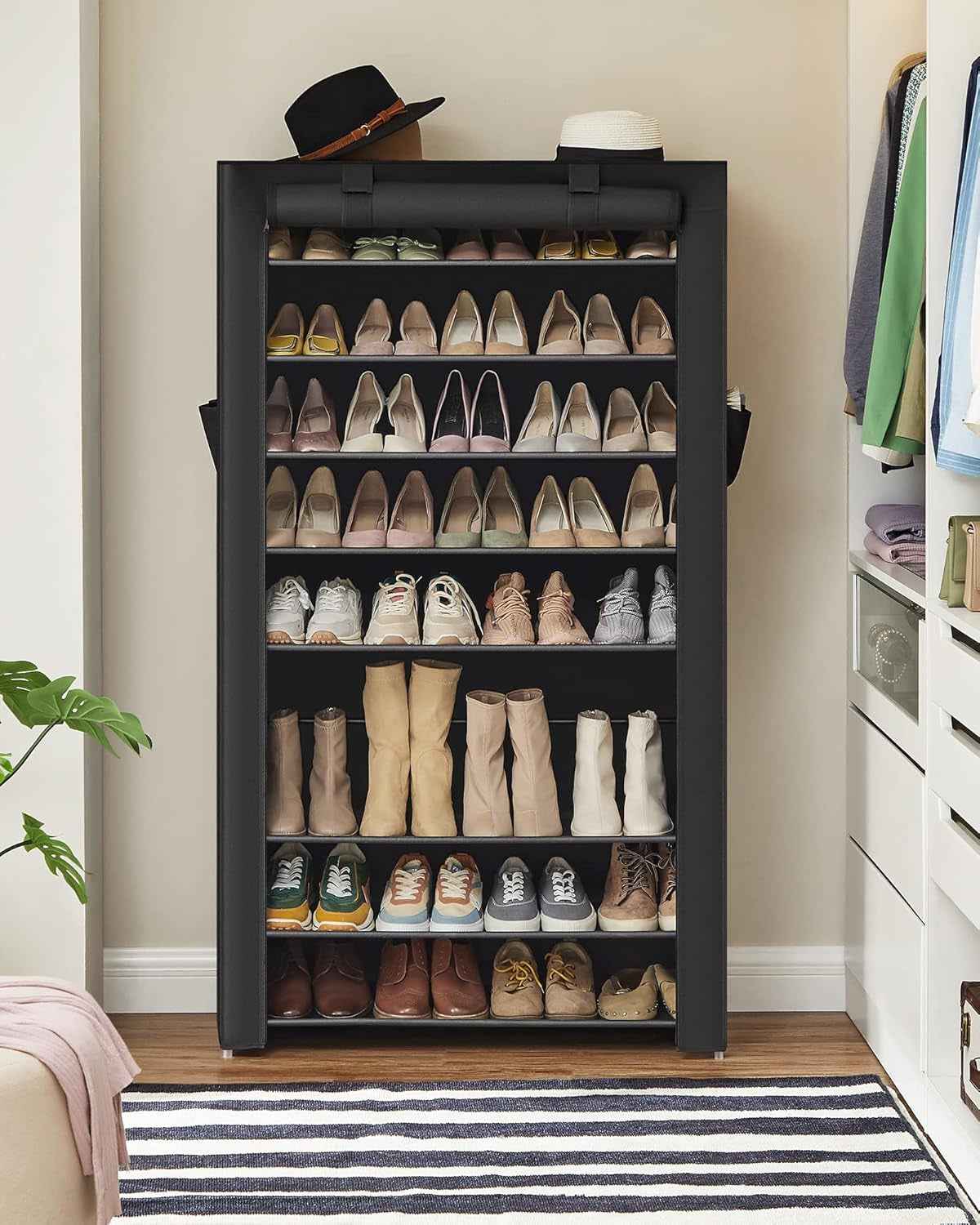 Étagère À Chaussures En Tissu À 10 Niveaux, Meuble De Rangement 28 X 88 X 160 Cm, Avec Housse De Protection, Chaussures De Sport, Talons Hauts, Pantoufles, Cadre En Métal, Noir RXJ36H