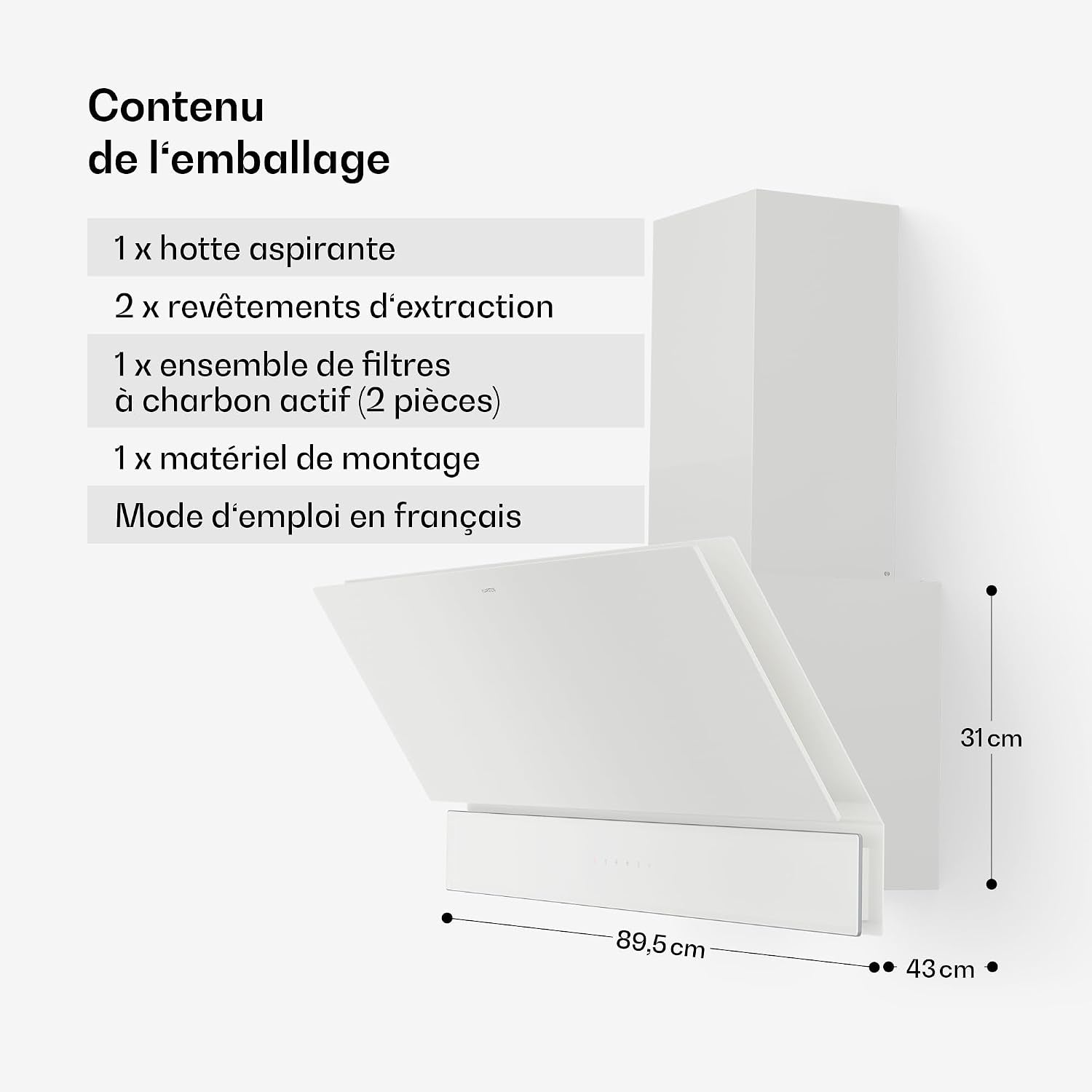Klarstein Velaire Hotte Aspirante 90 Cm - Hotte Décorative, 820 M³/H, A++ Énergie, Commandes Tactiles, LED, Filtre Charbon, Silencieuse, 3 Vitesses + Boost, Hotte Cuisine Moderne, Blanc
