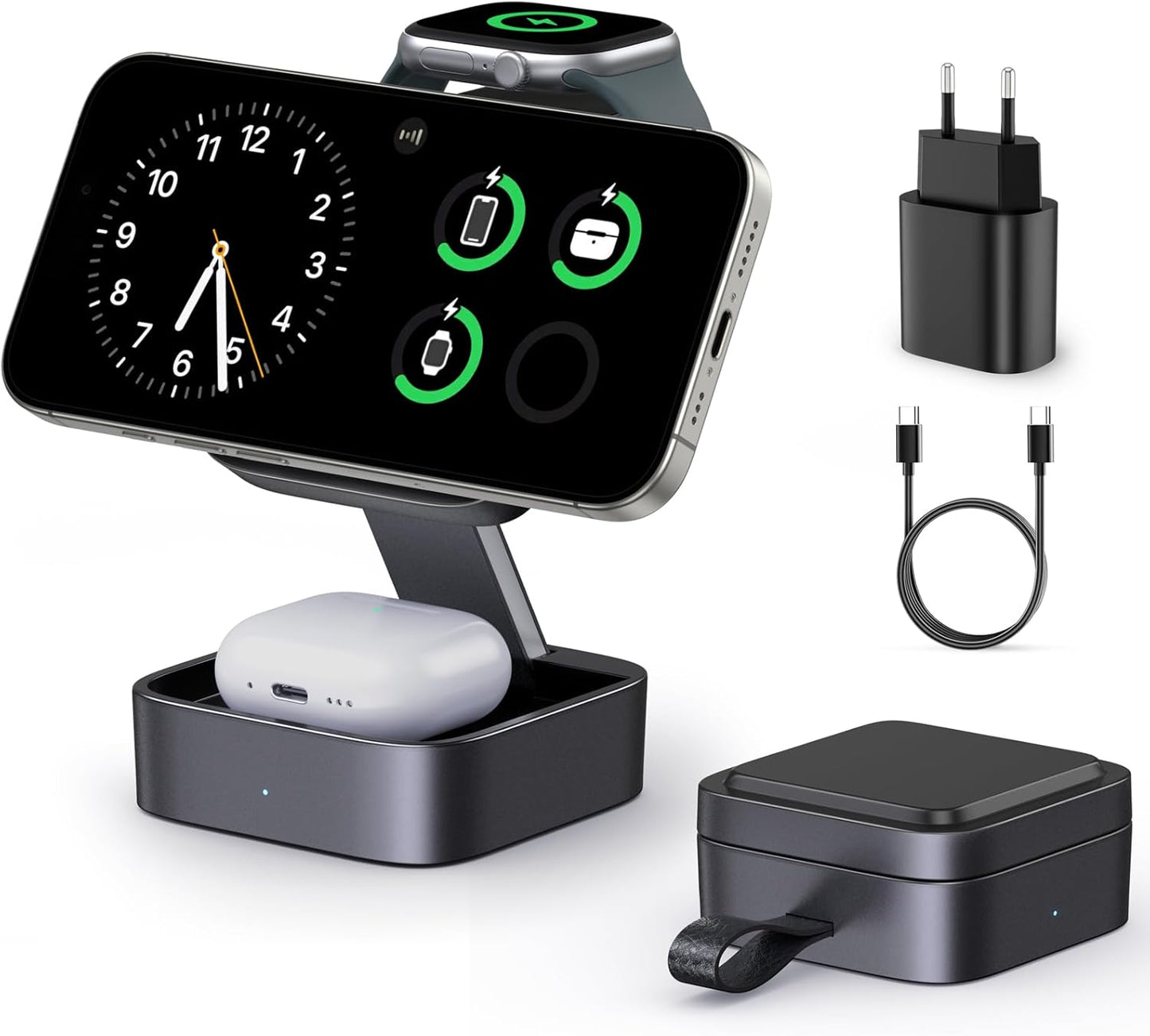 3-En-1 Station De Recharge Pour Apple, Magnétique Pliable Rapide Chargeur De Voyage Compatible Mag-Safe Pour Iphone 17E/17/16/15/14/13/12/Air Série, Apple Watch & Air-Pods Pro/4/3/2