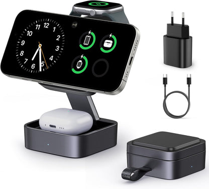 3-En-1 Station De Recharge Pour Apple, Magnétique Pliable Rapide Chargeur De Voyage Compatible Mag-Safe Pour Iphone 17E/17/16/15/14/13/12/Air Série, Apple Watch & Air-Pods Pro/4/3/2
