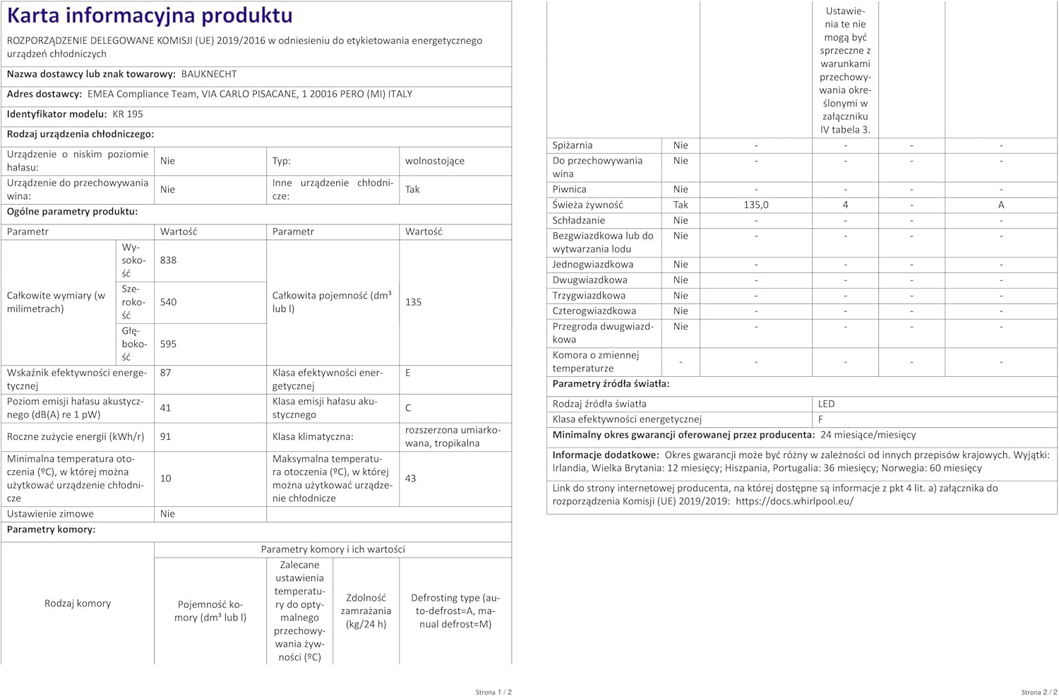 Bauknecht KR 195 a Réfrigérateur/Capacité Totale : 127 L/Dégivrage Automatique Dans Le Réfrigérateur / 3 Compartiments De Porte, Blanc