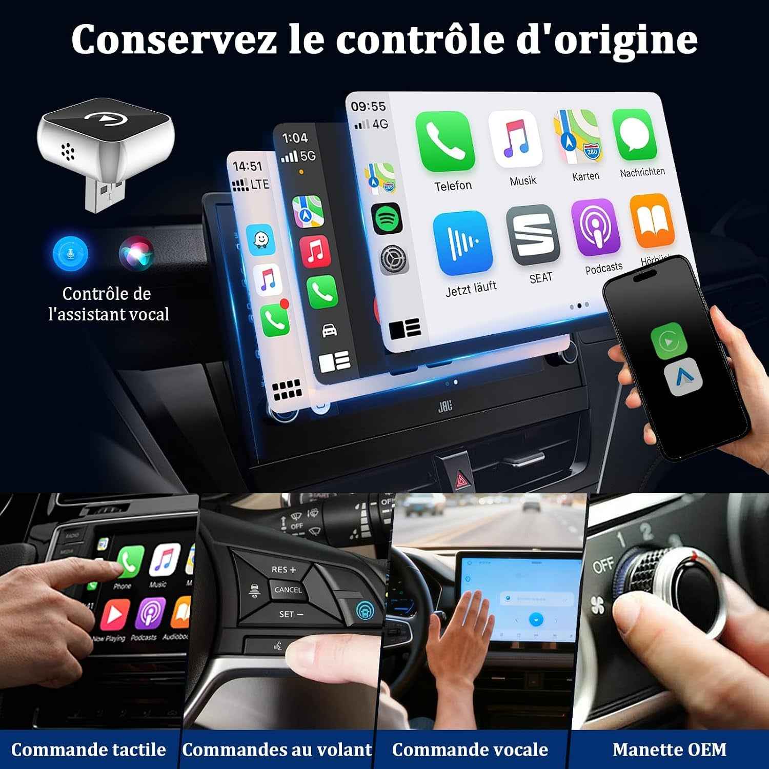 Carplay Sans Fil 2 En 1 Pour Apple Carplay/Android Auto Adaptateur | Mini Sans Fil Pour Iphone Ios 10+/Android 11+ Et plus De 2016 Voitures, Typ-C/Usb, Car Play Voiture (‌Gris Foncé‌) 1 Pièce