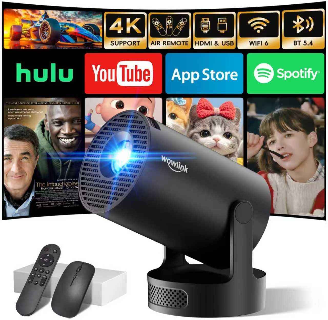 [Apps Intégrées & 2026 Upgraded] Vidéoprojecteur Avec Wifi 6 Et Bluetooth | Projecteur Supporte 4K 1080P Auto Keystone Rotation 180° Compatibile Avec HDMI/TV Stick/Memory Stick/Laptop, Noir