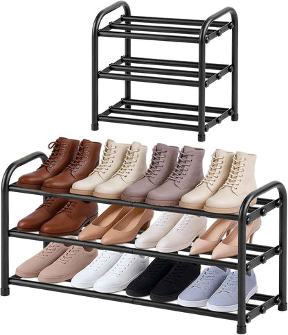 Meuble À Chaussure Entrée Étroit Extensible 3 Niveaux, Rangement Porte Étagère À Chaussure En Métal Noir 6 À 12 Paires, Pour Entrée, Extérieur, Armoires, Chambres À Coucher