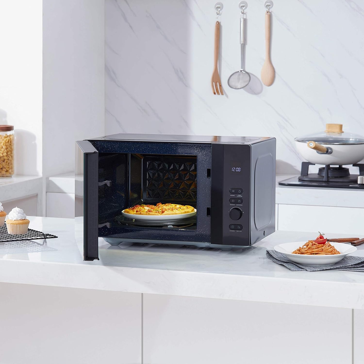Micro-Ondes 20L MV-AM20T(BK), 800W, 12 Menu Automatique, 5 Niveaux De Puissance, Ampoule LED, Plateau Tournant Amovible, Dégivrage Facile, Noir