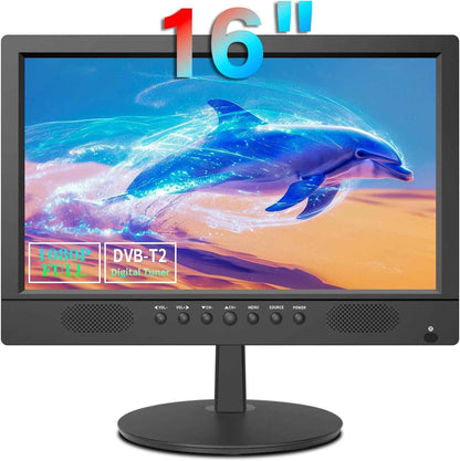 TV Numérique 16 Pouces Freeview | Tuner DVB-T2, Entrée AV, HDMI/VGA, Port USB, Alimentation 12V Voiture Ou Secteur, Télécommande