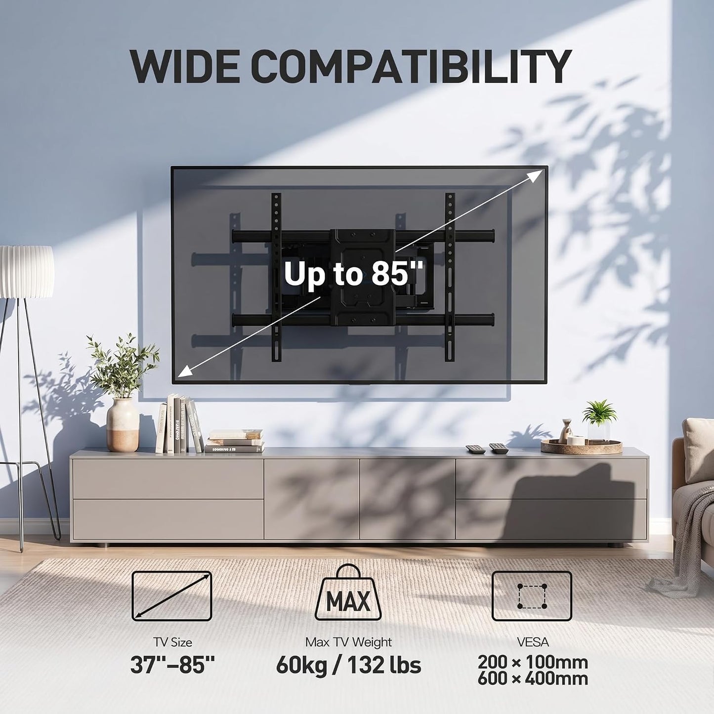 Support Mural TV, Pour 37-85 Pouces (94-216Cm) Tvs Jusqu'À 60Kg | Double Bras Robuste, Fixation TV Mural Orientable Et Inclinable 55 65 Pouces, Max VESA 600X400Mm