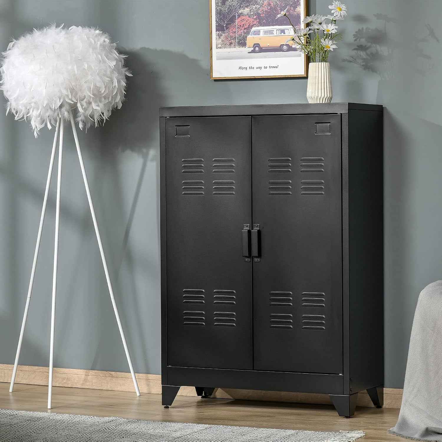 Armoire De Bureau À 3 Niveaux Métallique Noir | Meuble De Rangement Bureau, 2 Portes, Étagères Réglables, Armoire À Dossiers, Pour Domicile, Garage