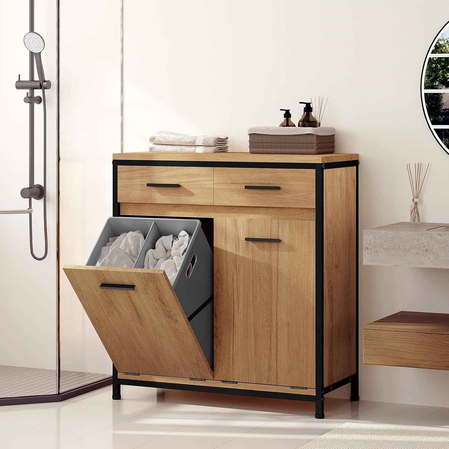 Meuble De Salle De Bain, Placard De Rangement, Avec Sac Intérieur Amovible Avec Poignées, 40 X 78,9 X 80,2 Cm, 2 Tiroirs Et 2 Paniers À Linge, Meuble De Rangement, Chêne Clair + Noir, 0233WY