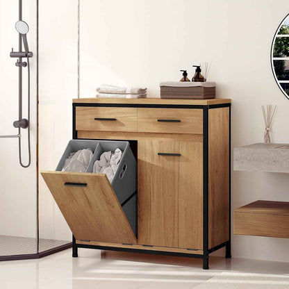 Meuble De Salle De Bain, Placard De Rangement, Avec Sac Intérieur Amovible Avec Poignées, 40 X 78,9 X 80,2 Cm, 2 Tiroirs Et 2 Paniers À Linge, Meuble De Rangement, Chêne Clair + Noir, 0233WY