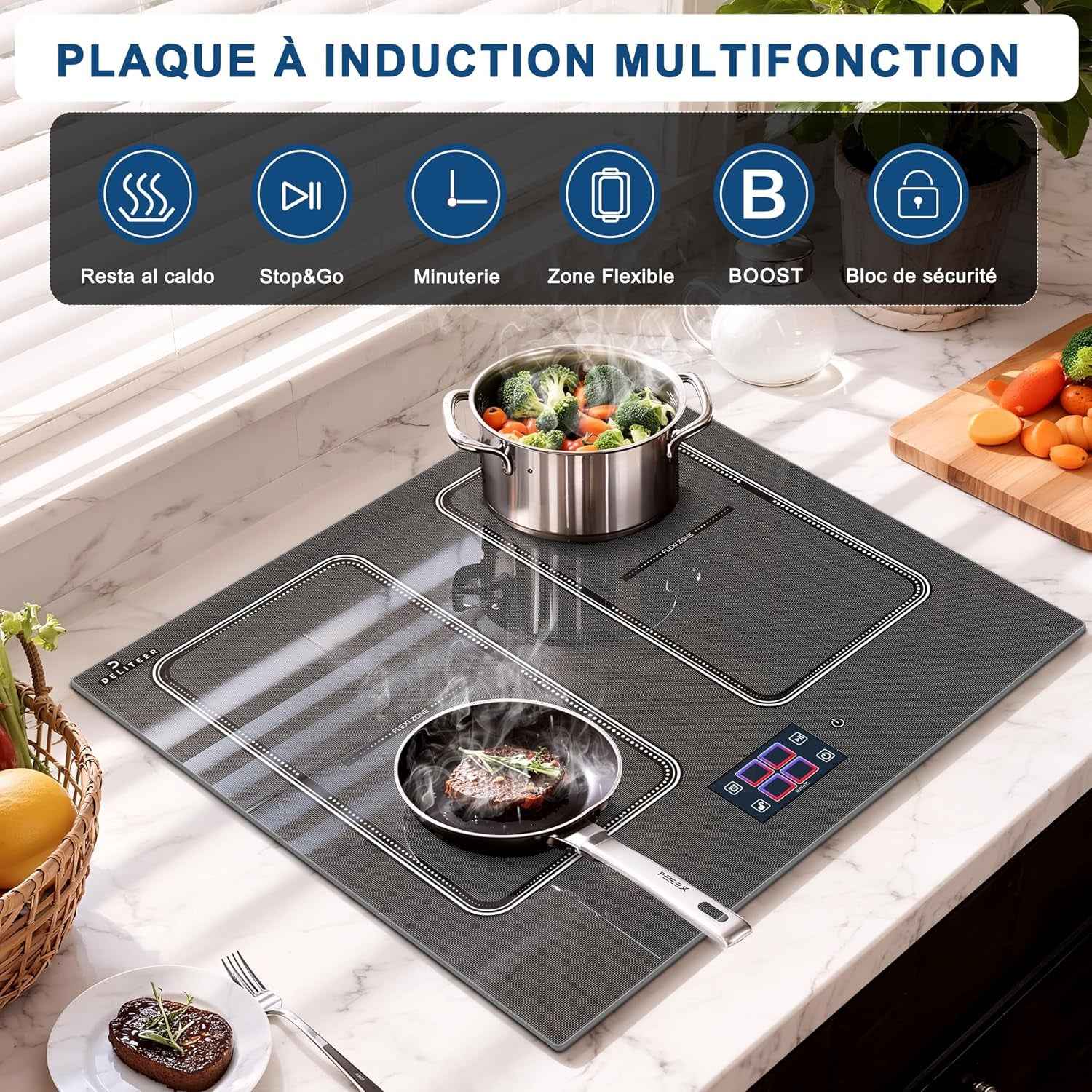 Plaque À Induction 4 Feux, Écran Tactile TFT, Table De Cuisson À Induction Encastrable 60CM, 2 Zones Flexibles, Fonctions Préréglées, Panneau De Commande Intelligent Monobloc, 7200W, 220V