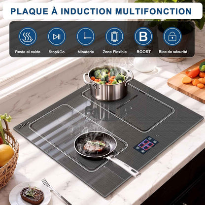 Plaque À Induction 4 Feux, Écran Tactile TFT, Table De Cuisson À Induction Encastrable 60CM, 2 Zones Flexibles, Fonctions Préréglées, Panneau De Commande Intelligent Monobloc, 7200W, 220V