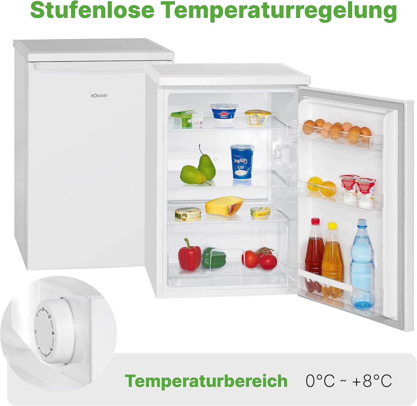 Bomann Réfrigérateur 133L Blanc Vs2185-1-Blanc, Capacité Nette : 133 Litres, Éclairage Intérieur À DEL, Contrôle De La Température En Continu, 3 Clayettes En Verre