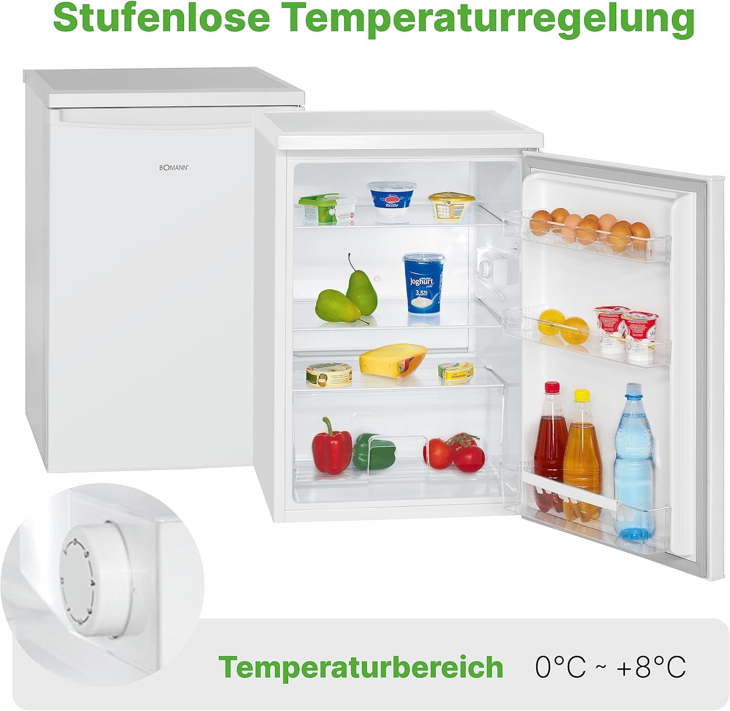 Bomann Réfrigérateur 133L Blanc Vs2185-1-Blanc, Capacité Nette : 133 Litres, Éclairage Intérieur À DEL, Contrôle De La Température En Continu, 3 Clayettes En Verre