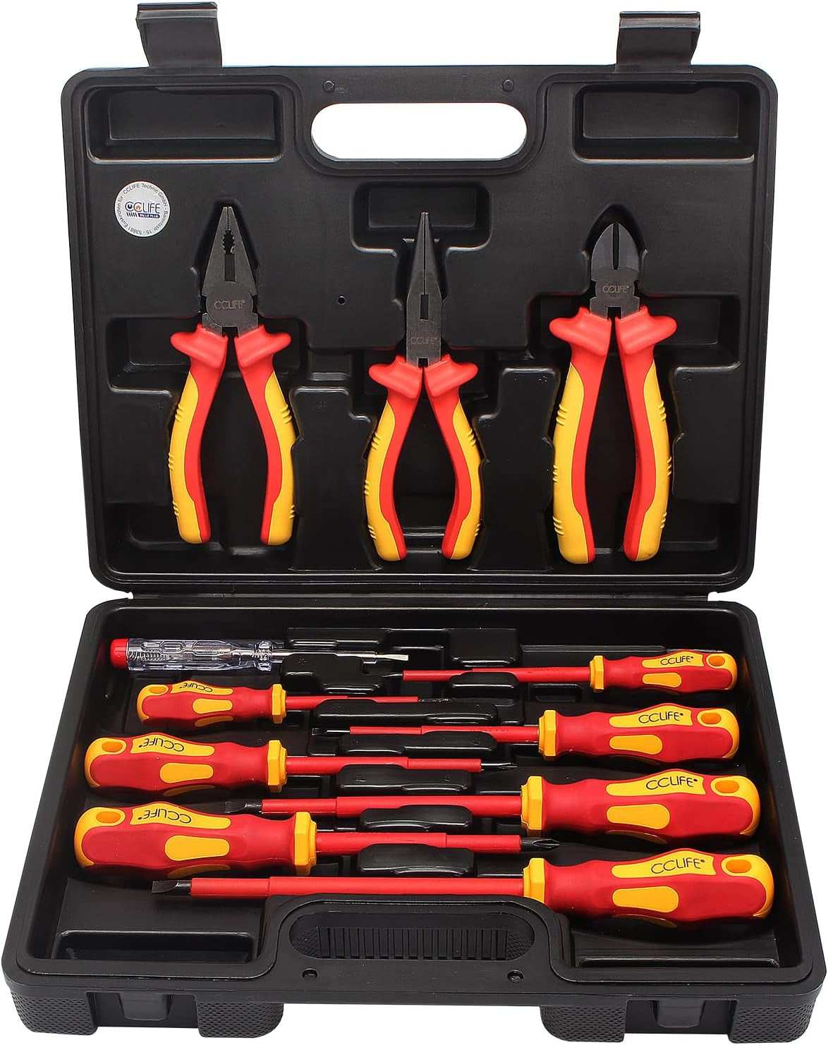 Jeu De 11Pcs VDE Tournevis Et Pinces Outils Électricien Isolé 1000V Avec Testeur De Tension, Coffret Tournevis Tête Plats Et PH Cruciformes, Poignée En Caoutchouc Antidérapante | Avec Testeur De Tension, Tournevis À Fente Et Phillips Ainsi Que Pinces VDE