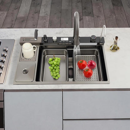 Évier De Cuisine En Acier Inoxydable, Cascade, 82 X 48 X 23 Cm, Touches De Piano, Purgé En Verre, Poubelle, Multifonction, Robinet, Planche À Découper, Panier D’Écoulement