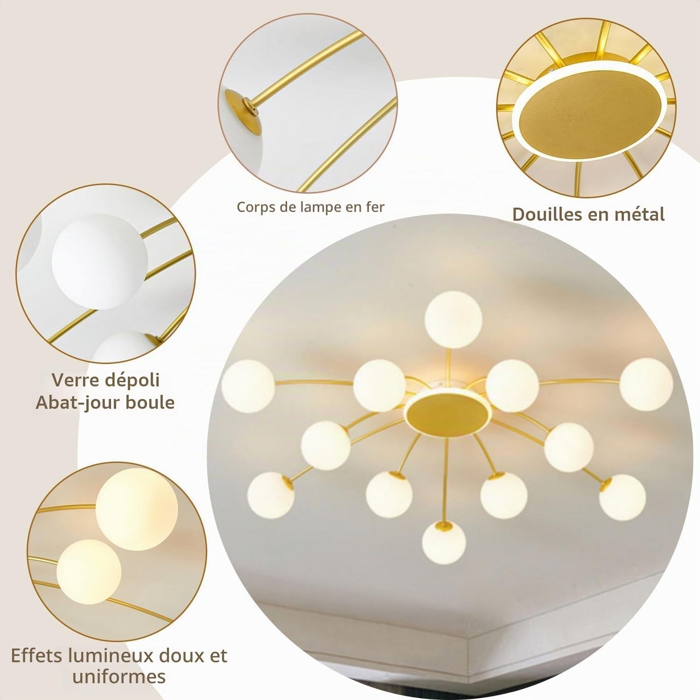 Lustre Sputnik À 12 Lumières，Plafonnier Doré Pour Salon | Lustre Industriel, Ampoules Globe G9 Non Incluses, Cadre Métal, Lustre Vintage Pour Chambre, Salle À Manger, Hôtel