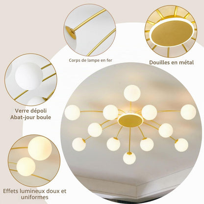 Lustre Sputnik À 12 Lumières，Plafonnier Doré Pour Salon | Lustre Industriel, Ampoules Globe G9 Non Incluses, Cadre Métal, Lustre Vintage Pour Chambre, Salle À Manger, Hôtel