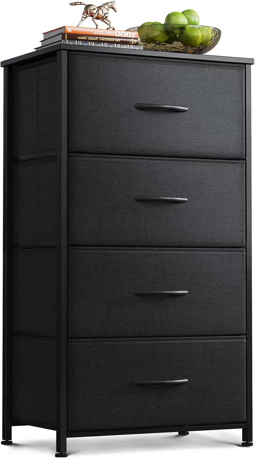 Noir Commode Chambre Adulte, Avec 4 Tissu Tiroirs | Petite Commode Adaptée Au Salon, Cadre En Acier Robuste, Plateau En Bois, 40 X 30 X 80Cm
