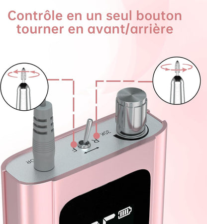 Ponceuse Pour Ongles Professionnelle 35000 RPM Portable Rechargeable Avec Affichage LCD Et 6 Embouts Ponçage Pour Pédicure Manucure, Puissante, Silencieuse Pour Salon/Maison