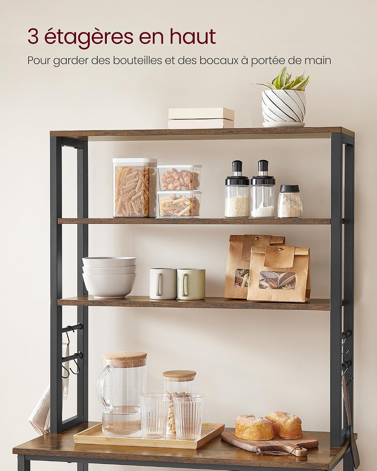 Étagère De Cuisine, Étagère Pour Machine À Café, 6 Étagères Et 6 Crochets, Pour Four À Micro-Ondes, Cadre En Acier, Style Industriel, 40 X 80 X 167 Cm, Marron Rustique Et Noir KKS019B01