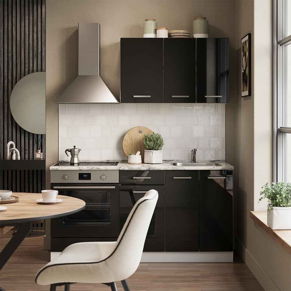 Cuisine R-Line, Noir Brillant/Blanc, 160Cm | Avec Meuble Four Encastrable Avec Plan De Travail, Préparé Pour L’Intégration D’Appareils Électroménagers Et D’Un Évier