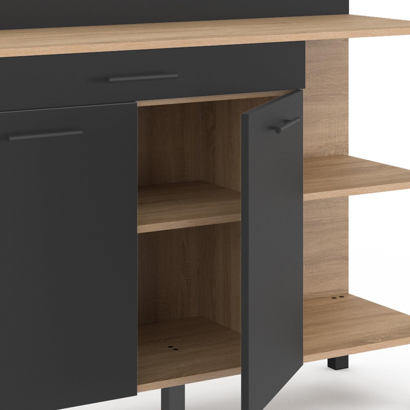 - Buffet Bas De Cuisine 120 CM CINA Plan De Travail H.83 Cm 2 Portes + Tiroir Façon Hêtre Et Noir