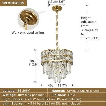 Lustre Moderne En Cristal Luminaire Finition Or, Lampe Pendante Ronde En Cristal, Pour Salon, Salle À Manger, Restaurant, E14 X 4, Ø40Cm