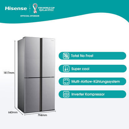 Hisense RQ515N4AC2 Frigo Américain Autoportante 427 L E Métallique, Argent