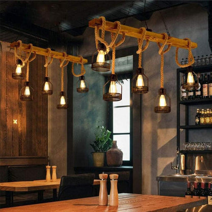 Suspension Rétro Lampe Suspendue Bois Antique E27 Lampe De Salle À Manger Lustre En Corde De Chanvre Chaîne Métallique Industrielle Restaurant Pays Chambre Salon Plafonnier 5 Flammes
