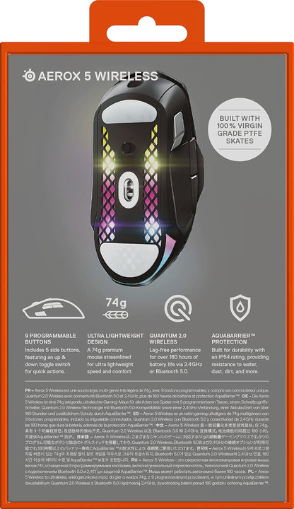 Aerox 5 Wireless - Souris Gaming Perforée RGB - Design Ultra-Léger Et Étanche - 9 Boutons - Bluetooth/2.4 Ghz - Capteur Optique Truemove Air 18K DPI
