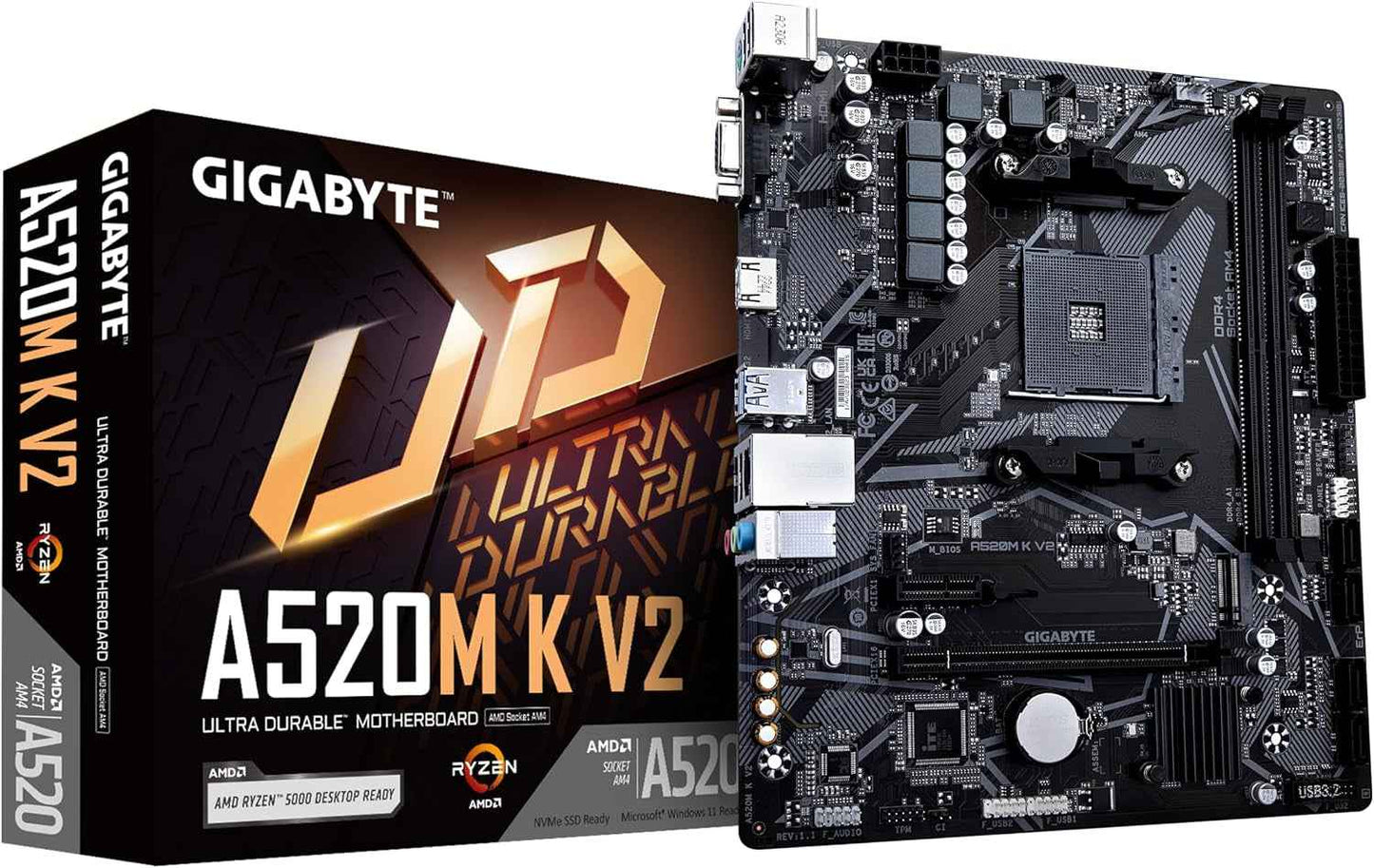 Carte Mère A520M K V2 - Prend En Charge Les Processeurs AMD Ryzen Série 5000 AM4, Jusqu'À 5100Mhz DDR4 (OC), Pcie Gen3 X4 M.2, LAN Gbe, USB 3.2 Gen 1