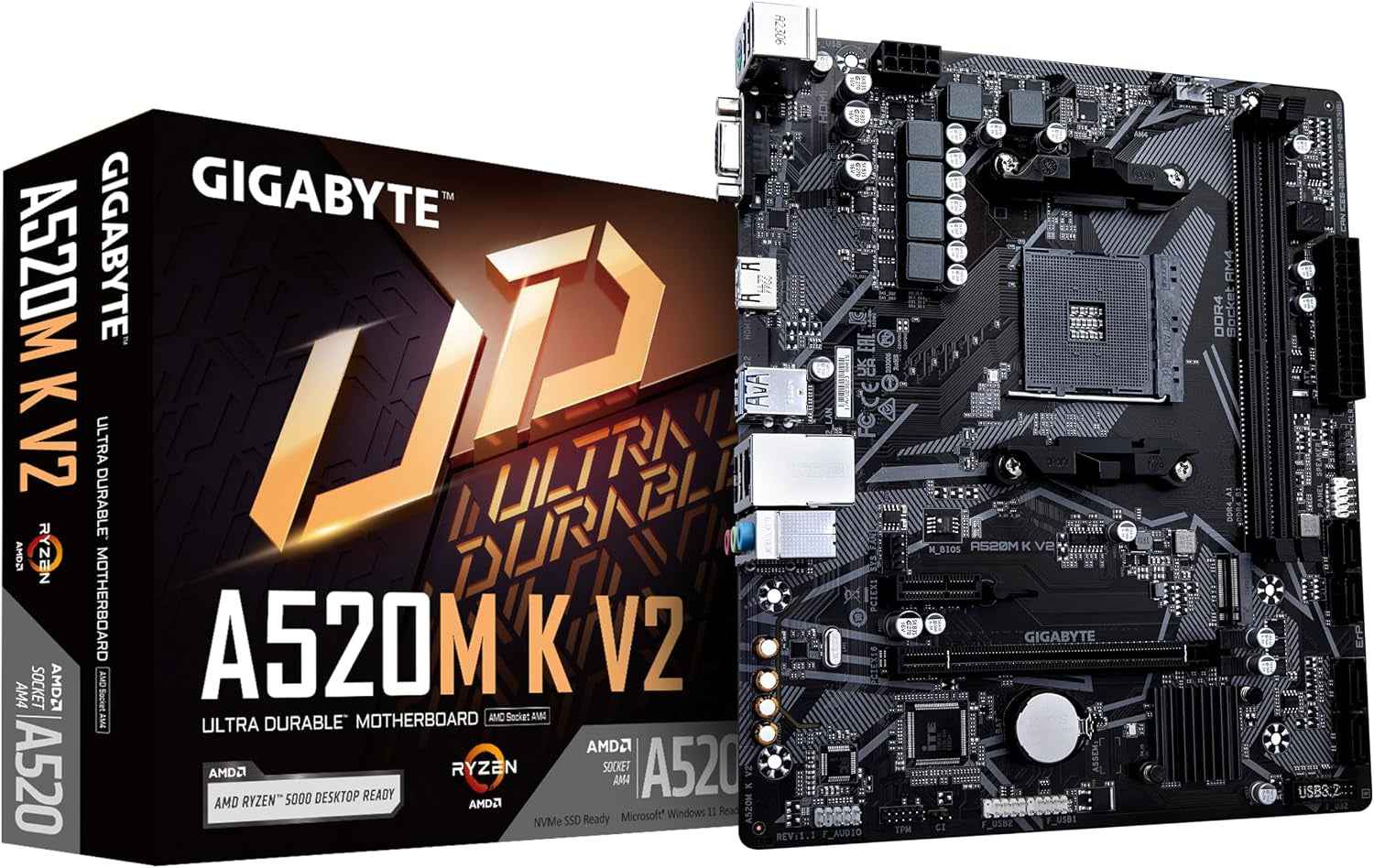 Carte Mère A520M K V2 - Prend En Charge Les Processeurs AMD Ryzen Série 5000 AM4, Jusqu'À 5100Mhz DDR4 (OC), Pcie Gen3 X4 M.2, LAN Gbe, USB 3.2 Gen 1