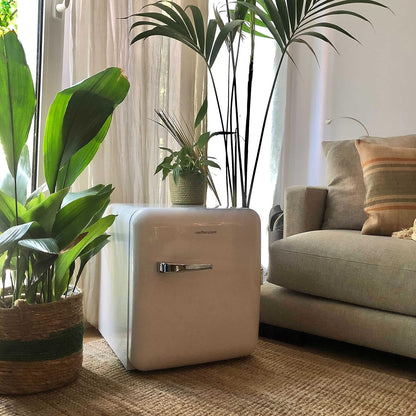 - Mini Réfrigérateur Freezy | Classe A+ | Température Réglable | Design Vintage Américain | Petit Réfrigérateur À Porte Unique | 2 Compartiments + 1 Vertical Eau Ou Vin | Blanc