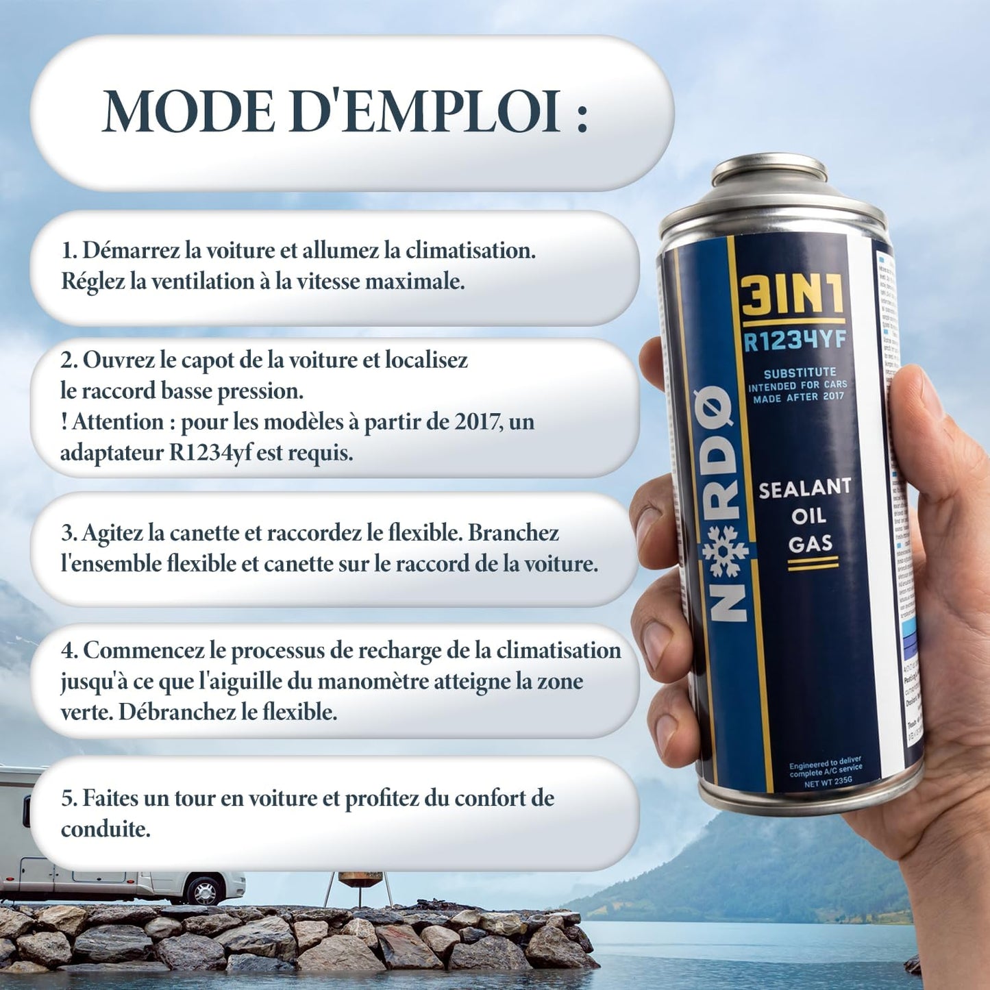 Nordo 5-En-1 – 5X Réfrigérant R134A 235 G Chaque Boîte Pour Climatisation Auto Avec Huile, Stop-Fuite, Traceur UV Et Déshydratant – Protège Le Compresseur