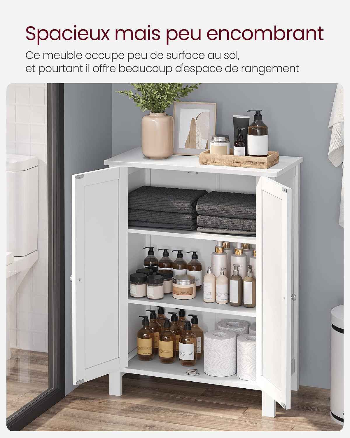 Meuble Salle De Bain Sur Pieds, Armoire De Rangement, Placard Avec 2 Étagères Réglables, 30 X 60 X 80 Cm, Blanc BCB60W