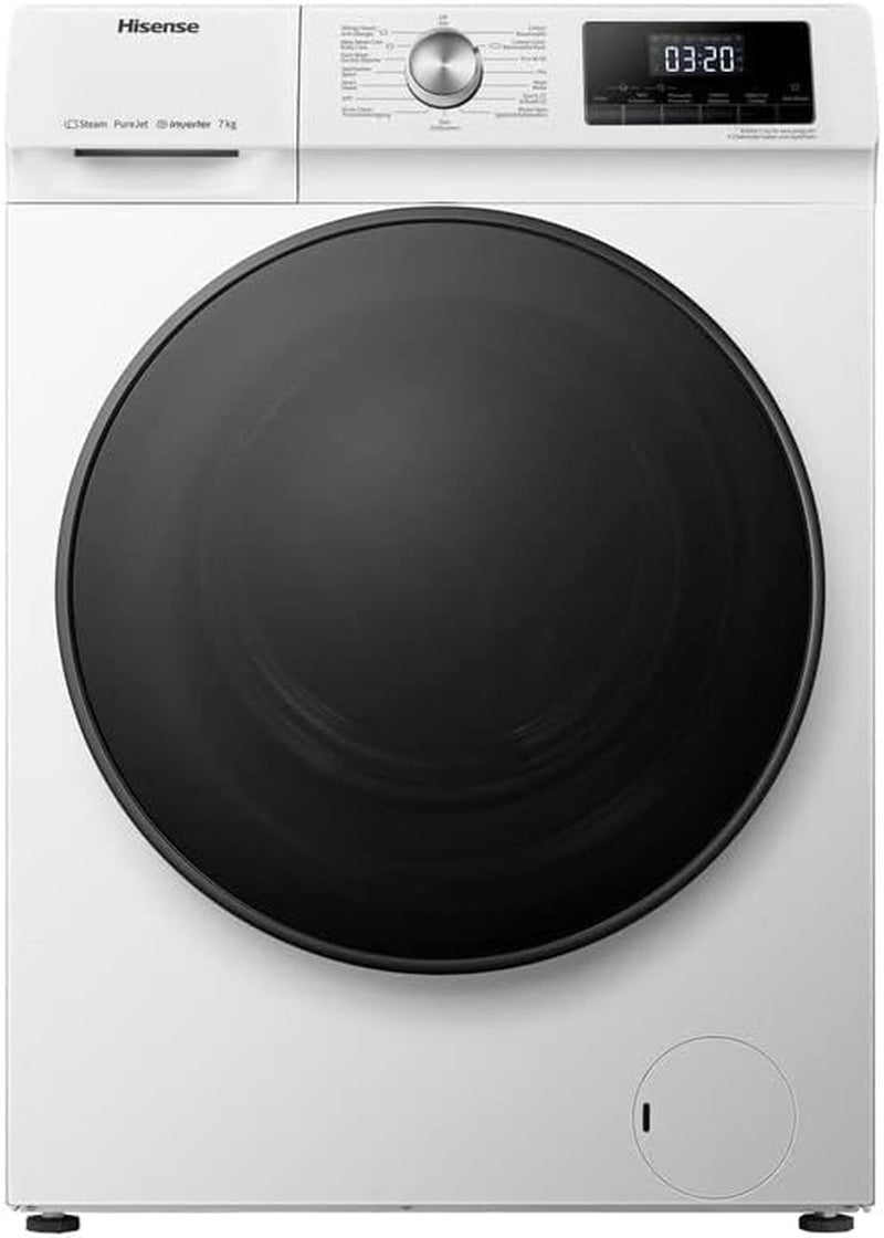 Hisense WFQA7014EVJM Machine À Laver Avec Fonction Vapeur/ 7 Kg/Aquastop/ 1400 Tr/Min / 15 Programmes/Inverter Powerdrive Motor/Tambour En Acier Inoxydable/Sécurité Enfant/Nettoyage Du Tambour/Blanc