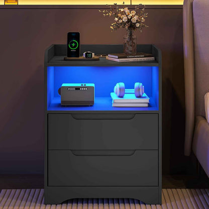 Table De Chevet Lot De 2 Avec Lumières LED Et Multiprise (2 Prises CA, 2 Ports USB) Table De Nuit Lot De 2 Avec 1 Compartiment Ouvert Et 2 Tiroirs Pour Salon, Chambre, Bureau, Moderne, Noir
