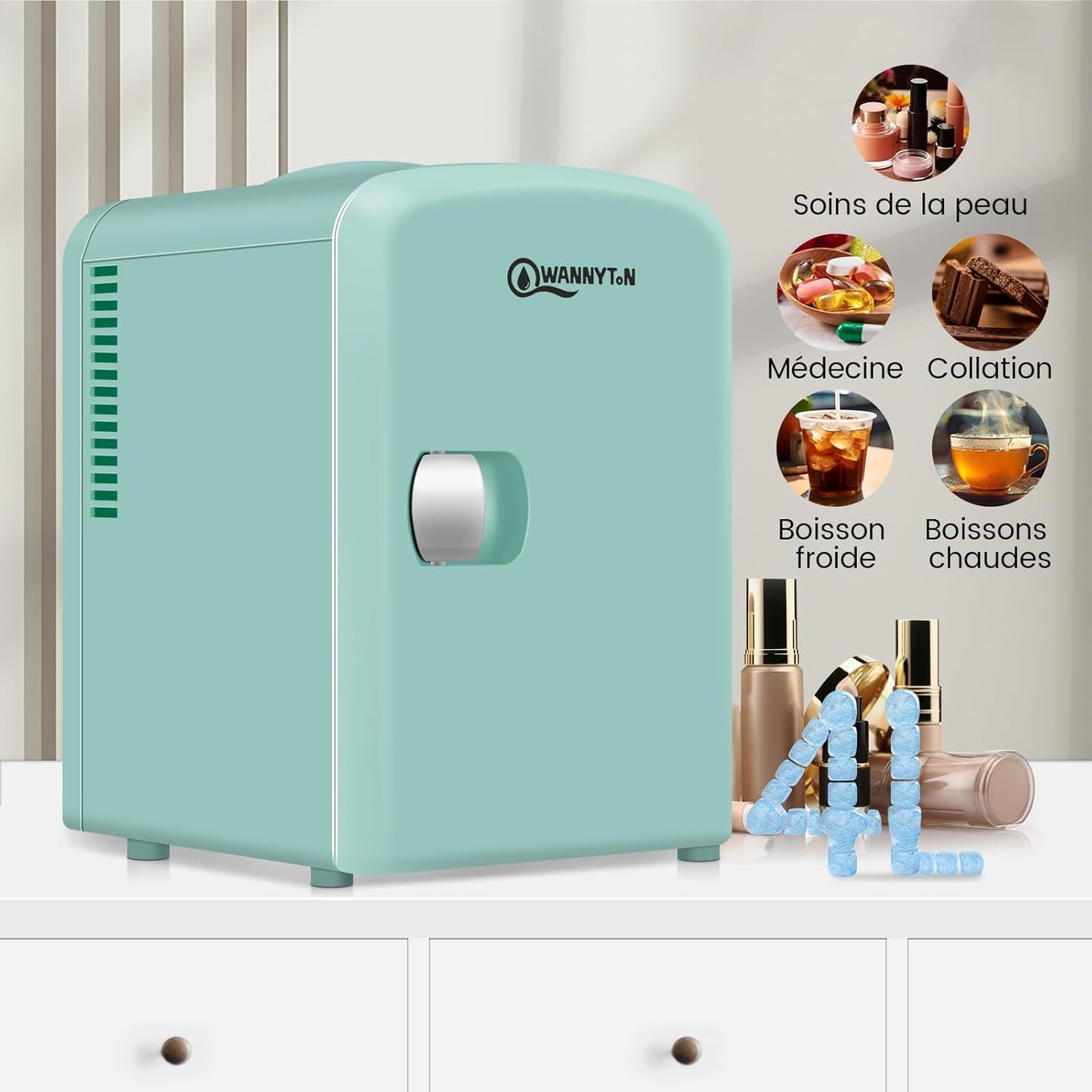Mini Frigo Portable 4L, Mini Réfrigérateur Cosmétique, Mini Glacière Électrique, Fonction Froid/Chaud, Avec Câble AC 220V/ DC 12V Pour Voiture, Bureau, Chambre (Vert)