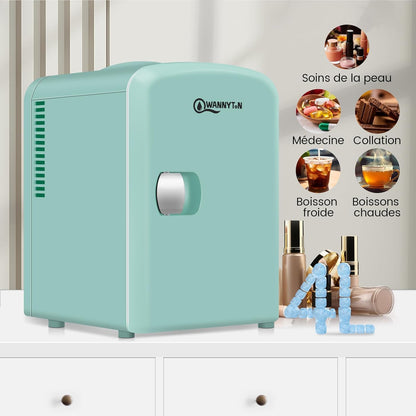 Mini Frigo Portable 4L, Mini Réfrigérateur Cosmétique, Mini Glacière Électrique, Fonction Froid/Chaud, Avec Câble AC 220V/ DC 12V Pour Voiture, Bureau, Chambre (Vert)
