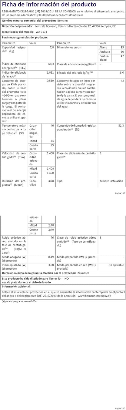 Bomann WA 7174 7Kg Frontlader Waschmaschine, 60 Cm Breit, 1400 U/Min, Fremdkörperfalle, Kindersicherung, Reversierautomatik, 15 Waschprogramme, Weiß