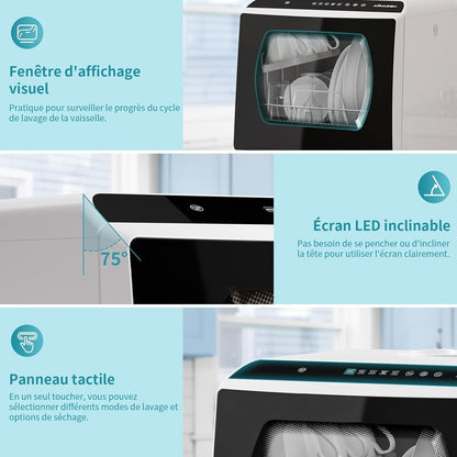 Mini Lave-Vaisselle De Comptoir, 5+1 Programmes, Réservoir D'Eau De 5L, Contrôle Tactile Et Écran LED, Adapté Pour Les Cuisines Familiales, Appartements Et Dortoirs, Blanc Et Noir