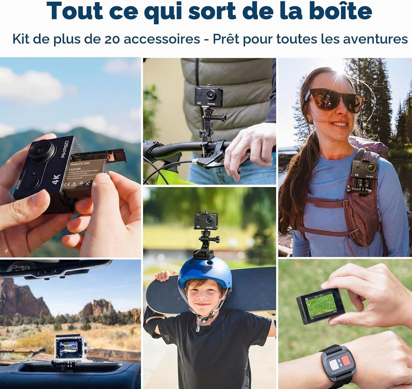 EK7000 Caméra Sport 4K 20MP Wifi Avec Carte Mémoire Microsdxc 64 Go | Action Camera 4K Étanche Jusqu'À 40M, Stabilisation EIS, Grand Angle 170°, Télécommande 2.4G, Carte 64 Go, Kit D'Accessoires