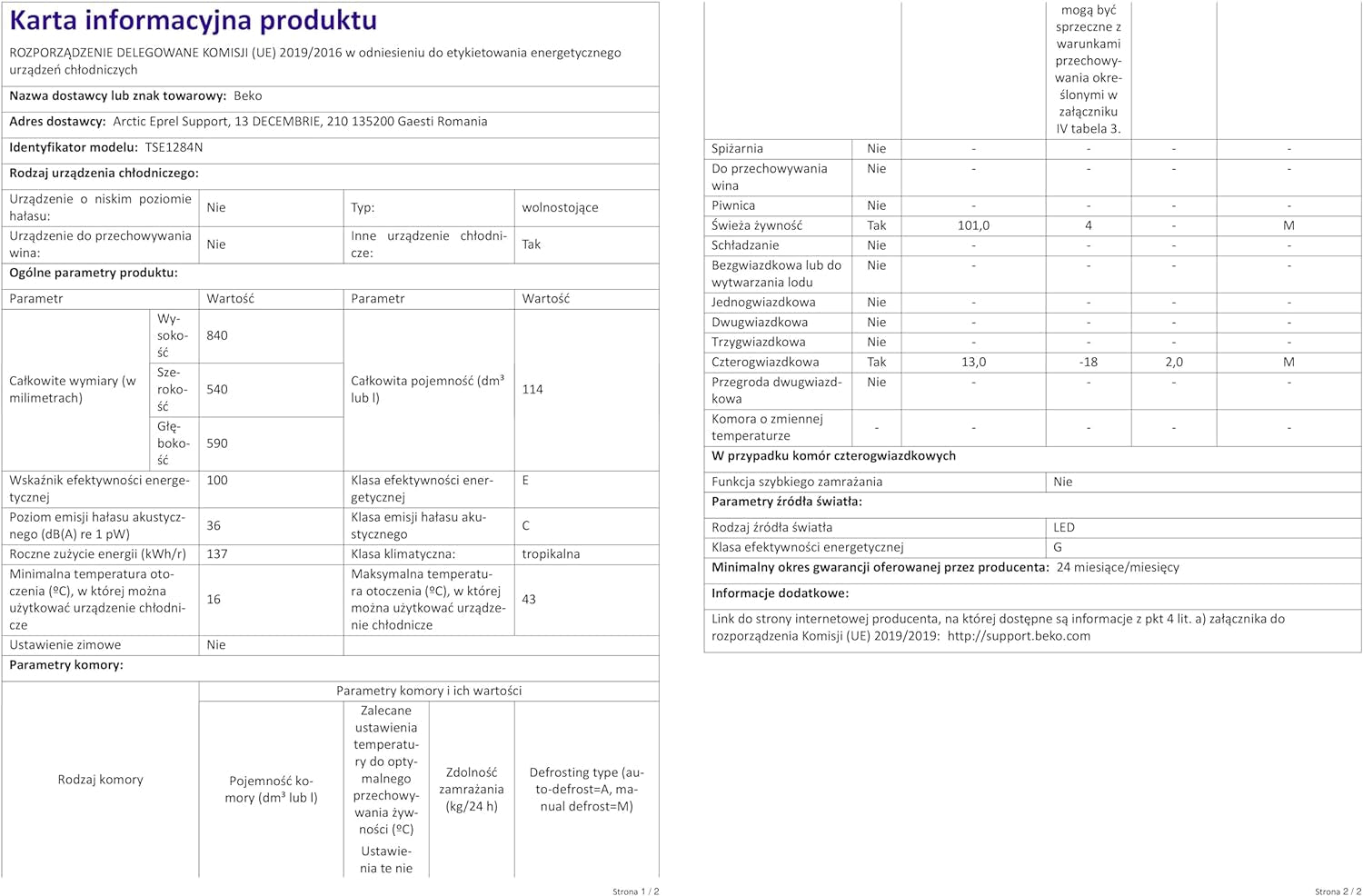 Beko TSE1284N Réfrigérateur Table Top - Volume Total 114L : 101L (Réfrigération) + 13L (Congélation), Compartiment Congélation 4 Étoiles, Minfrost, Charnière De Porte Réversible, Blanc